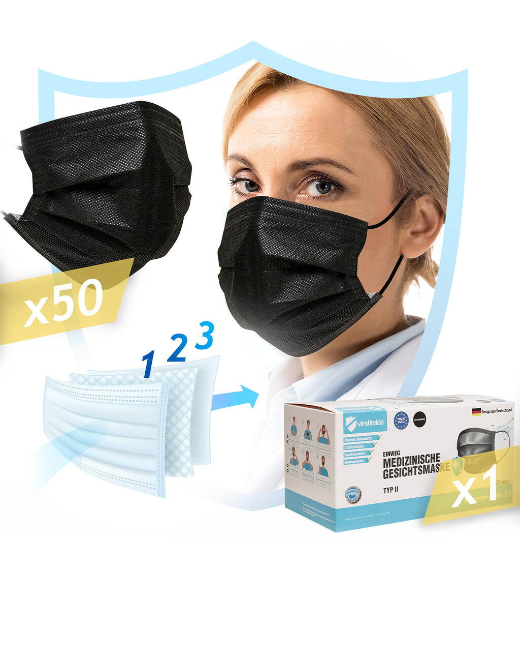  Virshields Mascarilla médica de 3 capas