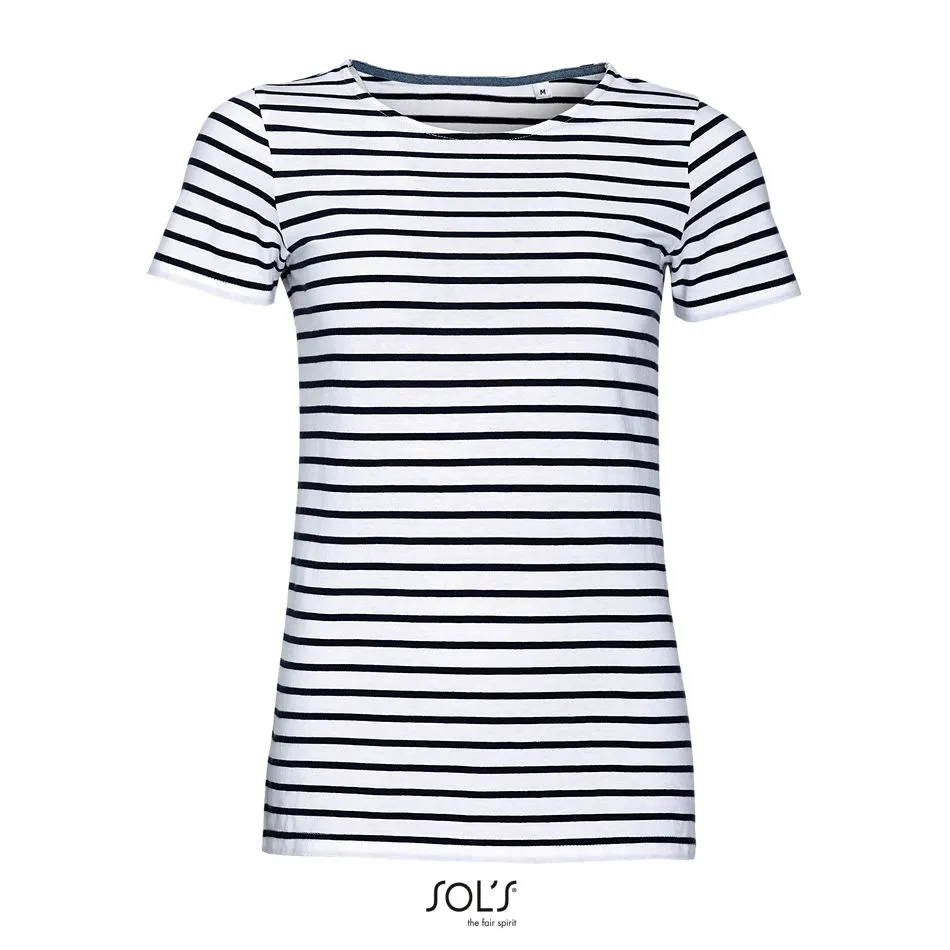 Camiseta De Cuello Redondo A Rayas Para Mujer SOL'S MILES WOMEN BLANCO /  AZUL MARINO