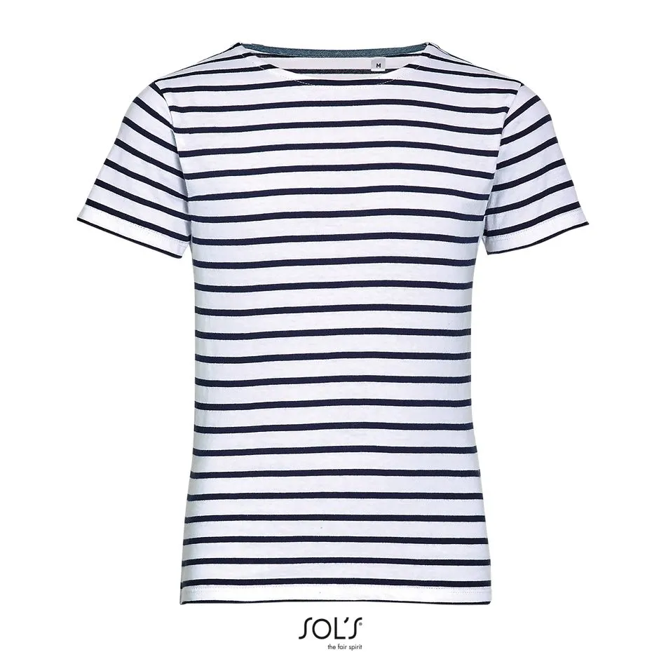Camiseta De Cuello Redondo A Rayas Para Niño SOL'S MILES KIDS BLANCO /  AZUL MARINO