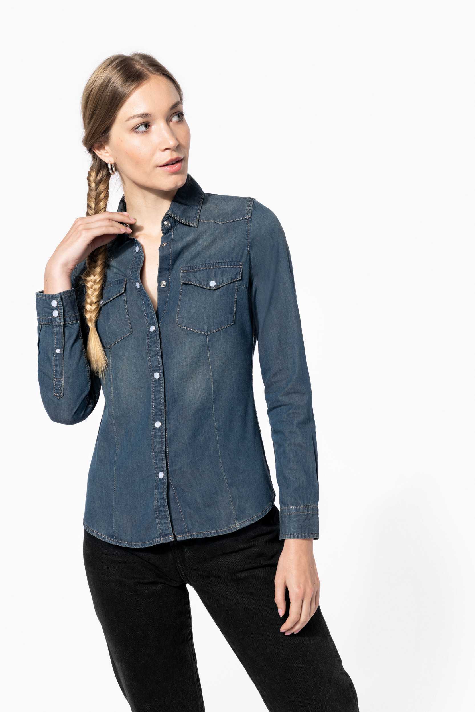  Kariban Camisa denim manga larga mujer