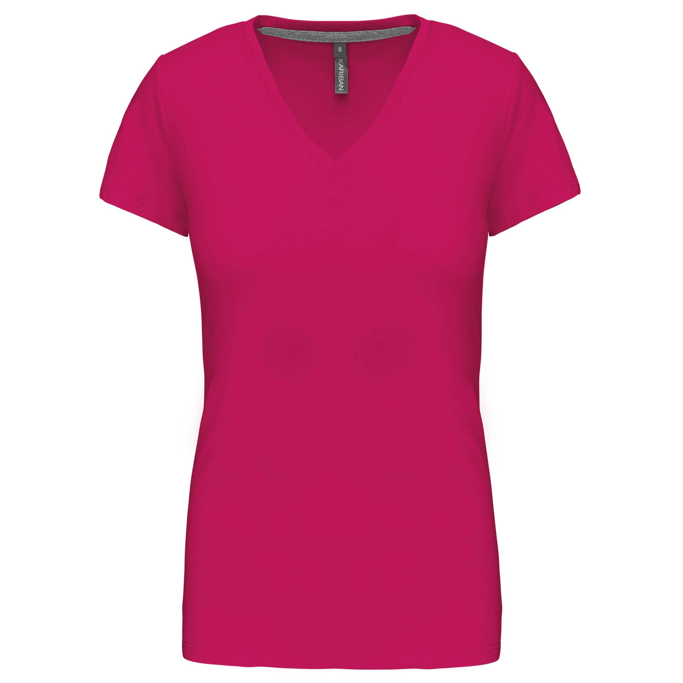 Camiseta de manga cota y cuello de pico mujer Fuchsia