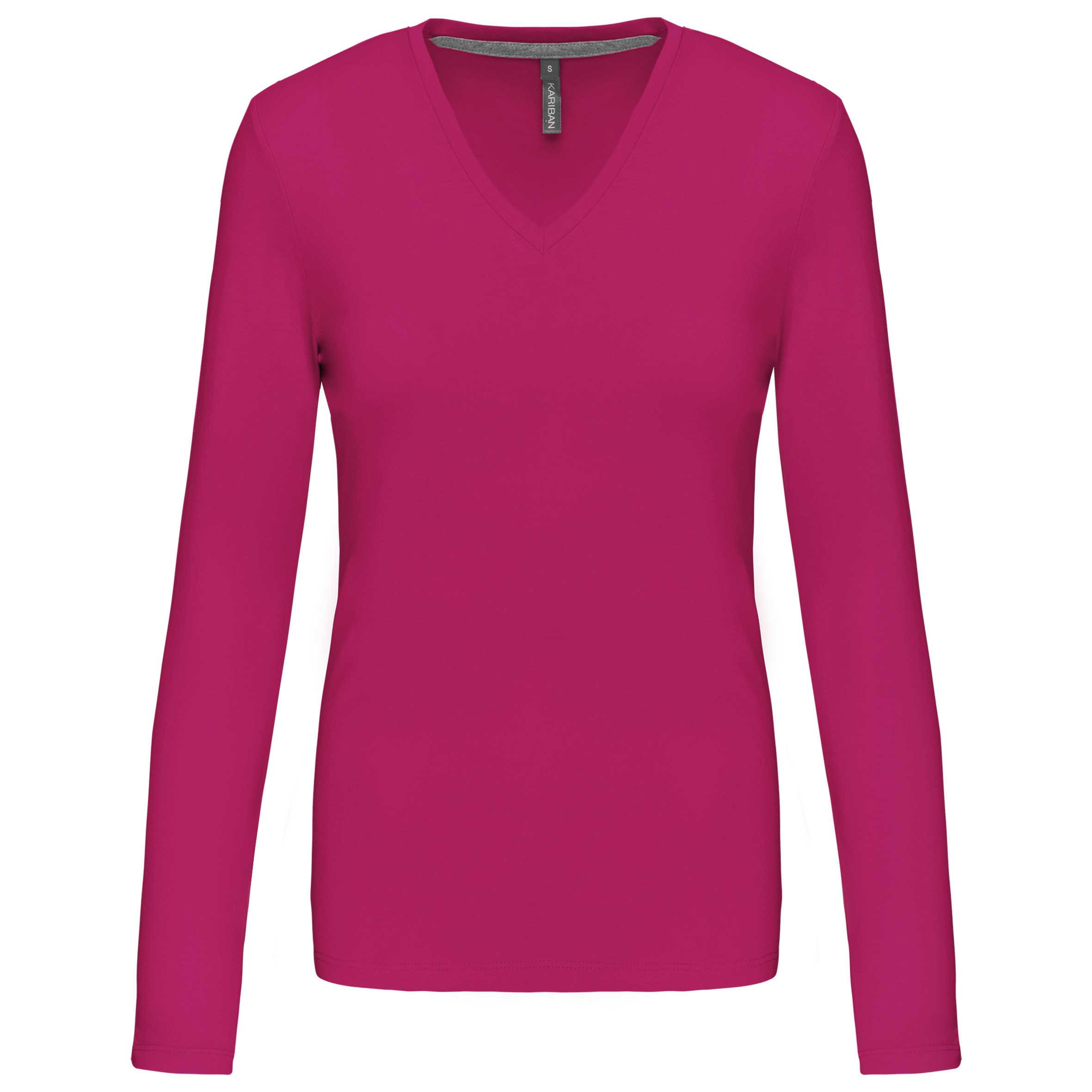 Camiseta de manga larga y cuello de pico mujer Fuchsia