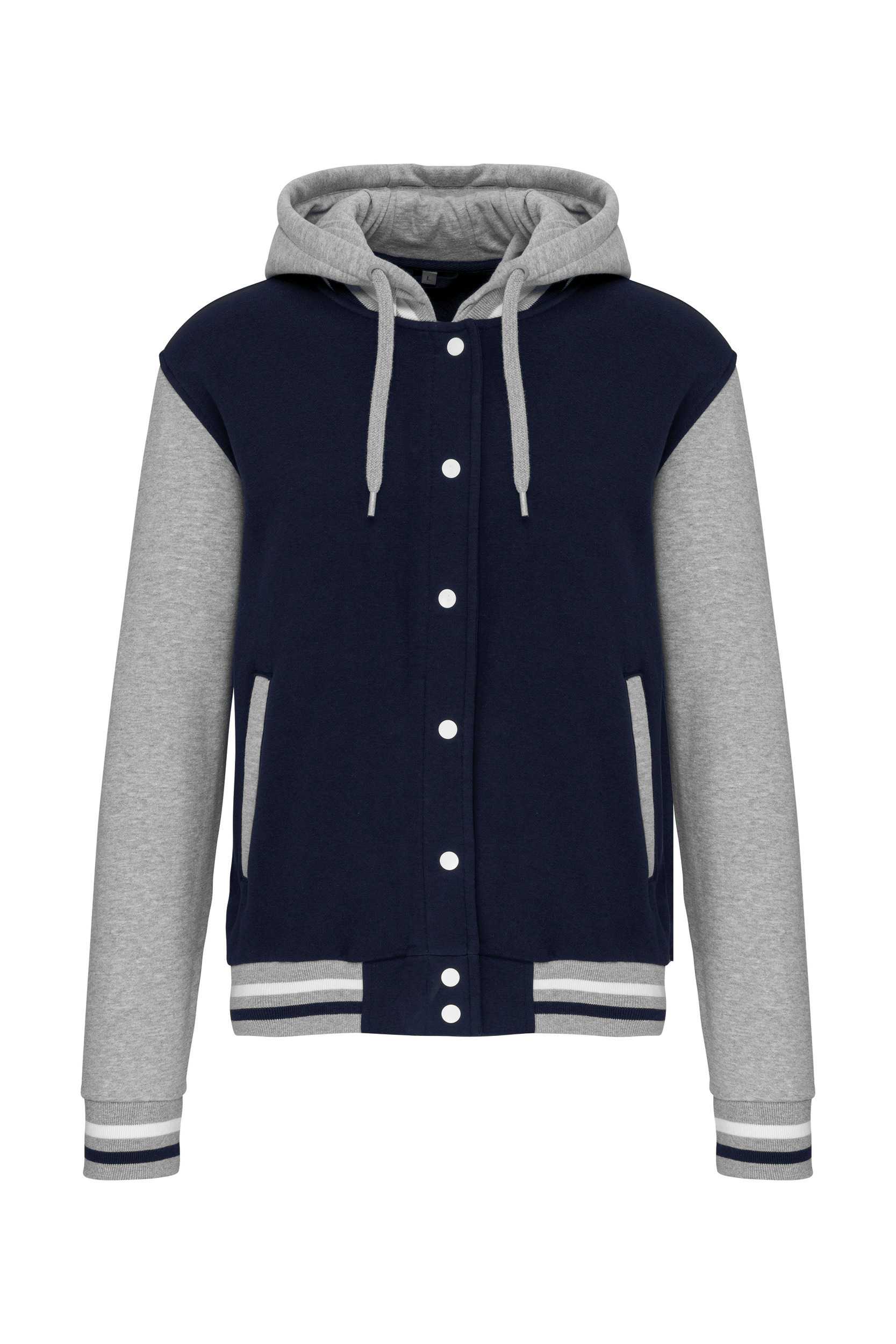 Cazadora Béisbolera con capucha unisex Navy / Oxford Grey / White
