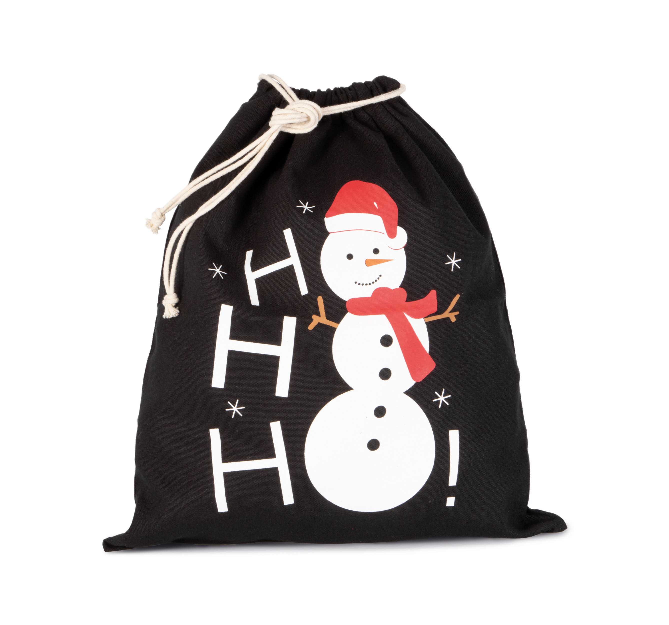 Bolsa algodón cierre cordón, diseño muñeco de nieve Black