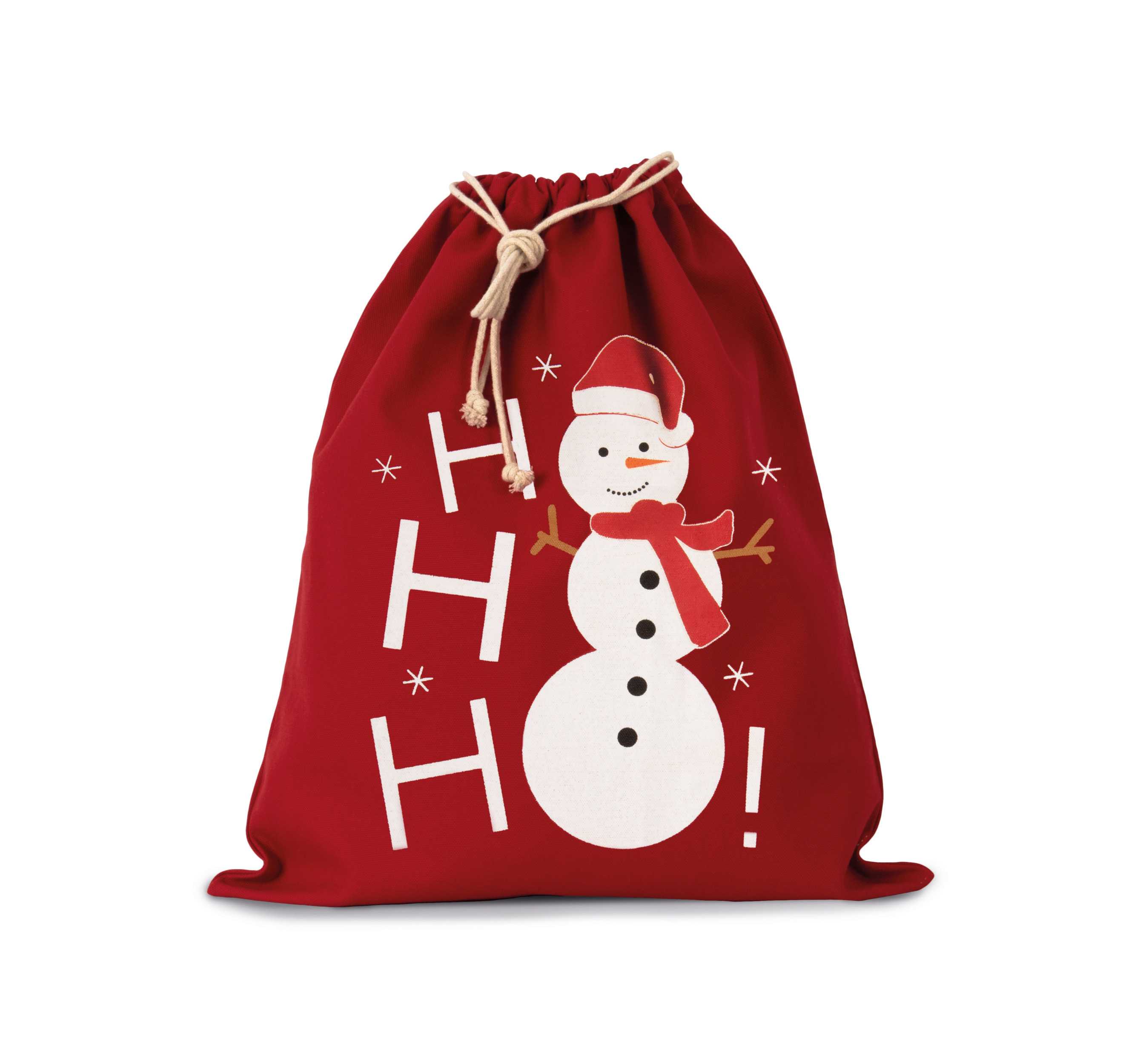 Bolsa algodón cierre cordón, diseño muñeco de nieve Cherry Red
