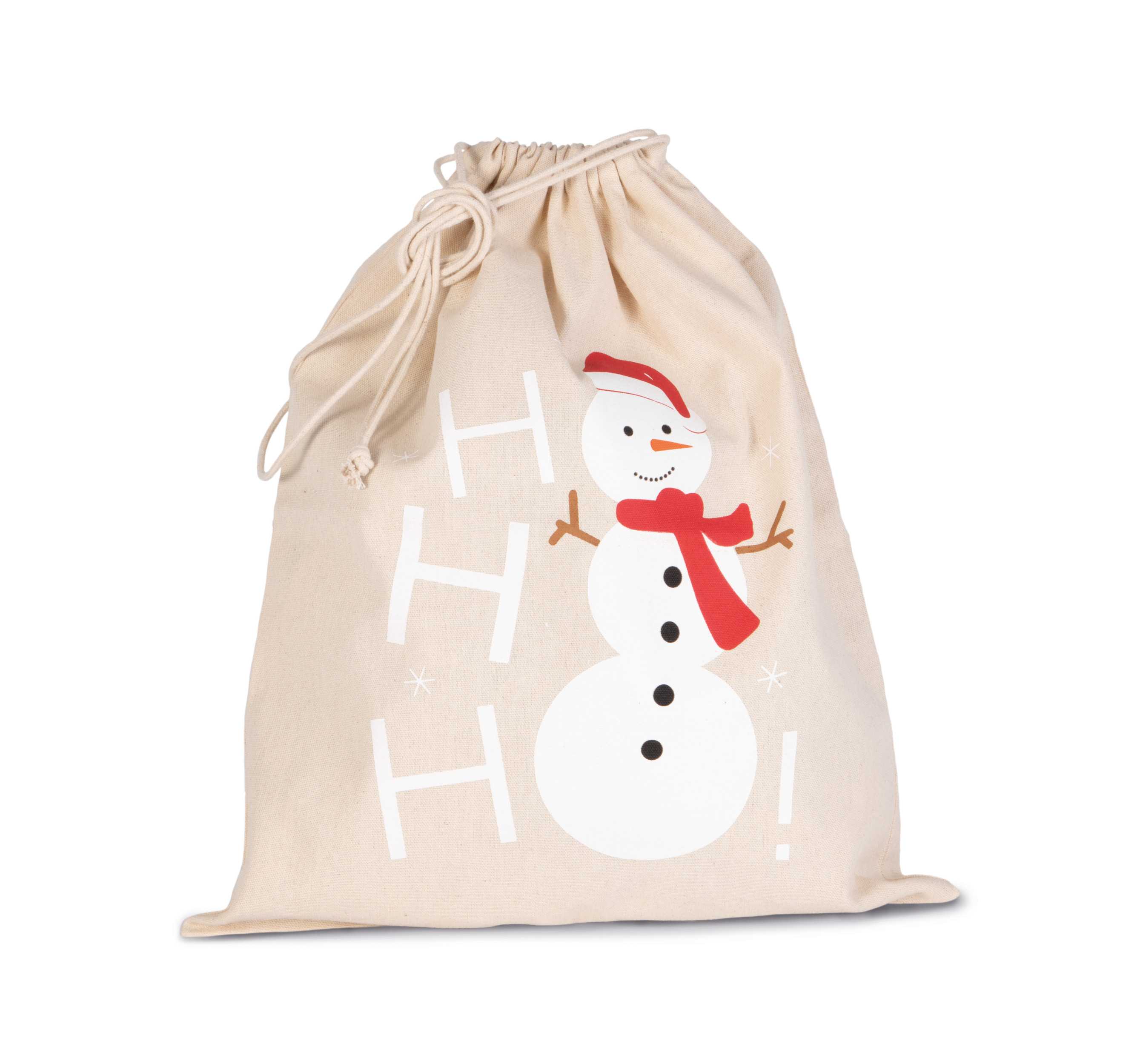 Bolsa algodón cierre cordón, diseño muñeco de nieve Natural