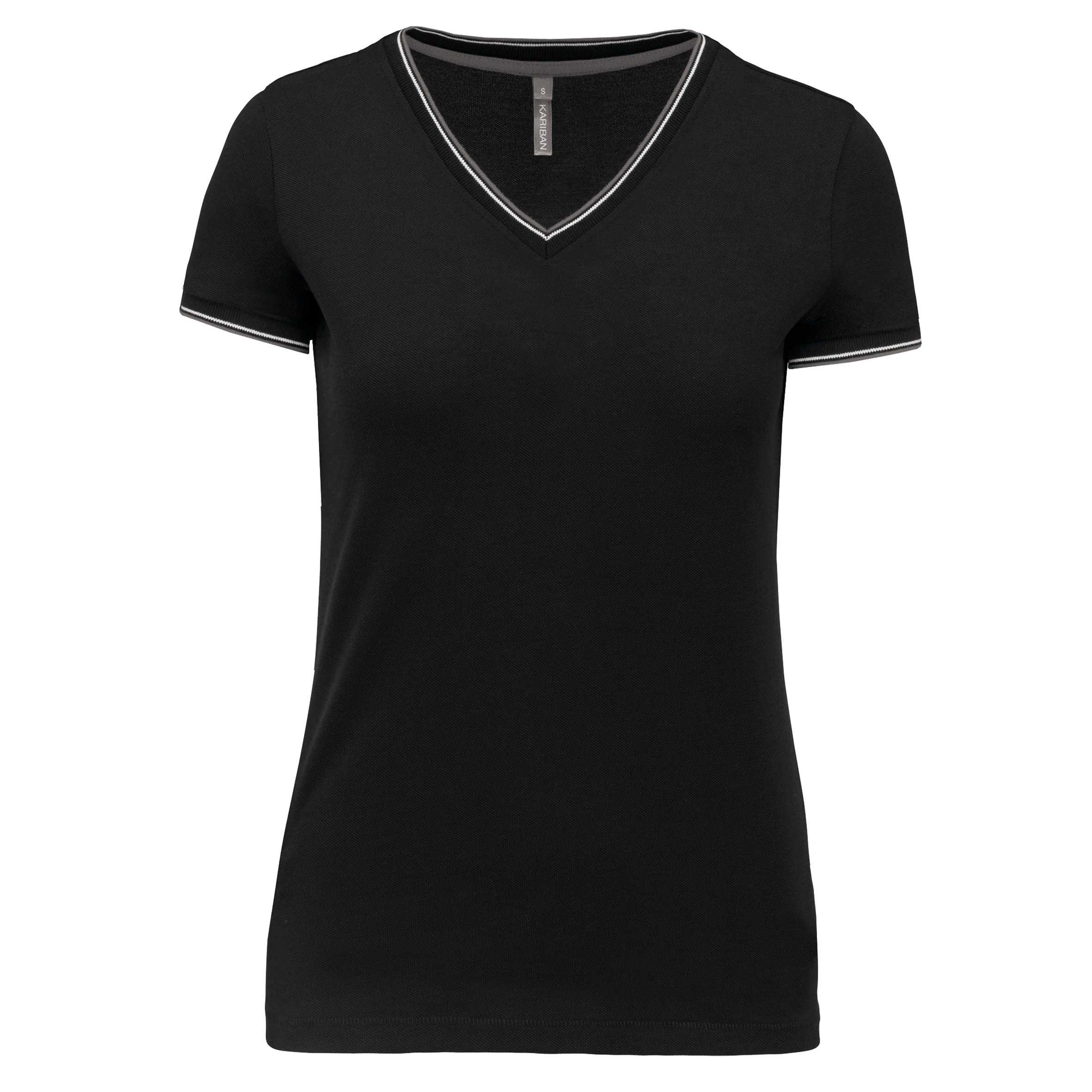Camiseta de punto piqué con cuello de pico mujer Black / Light Grey / White
