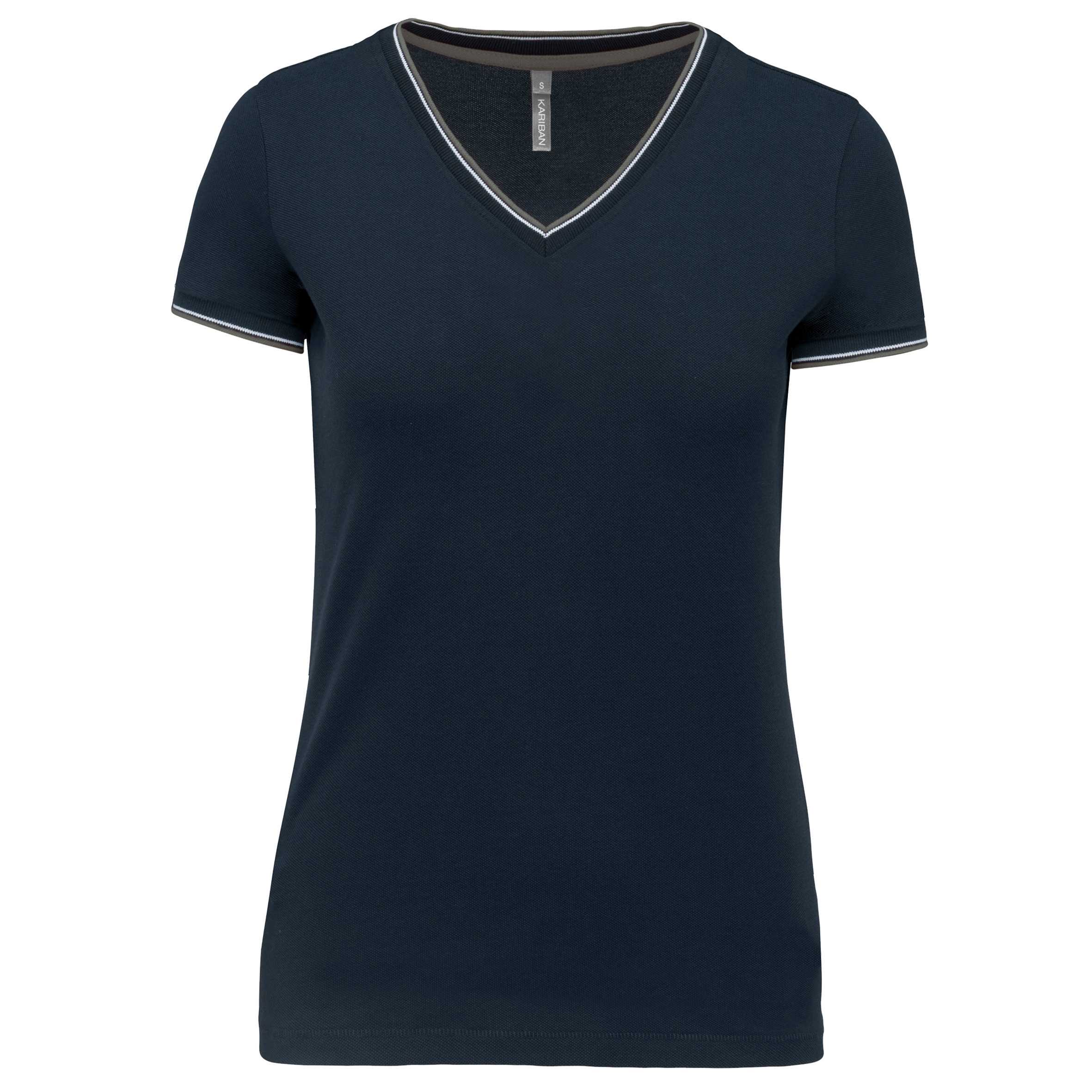 Camiseta de punto piqué con cuello de pico mujer Navy / Light Grey / White