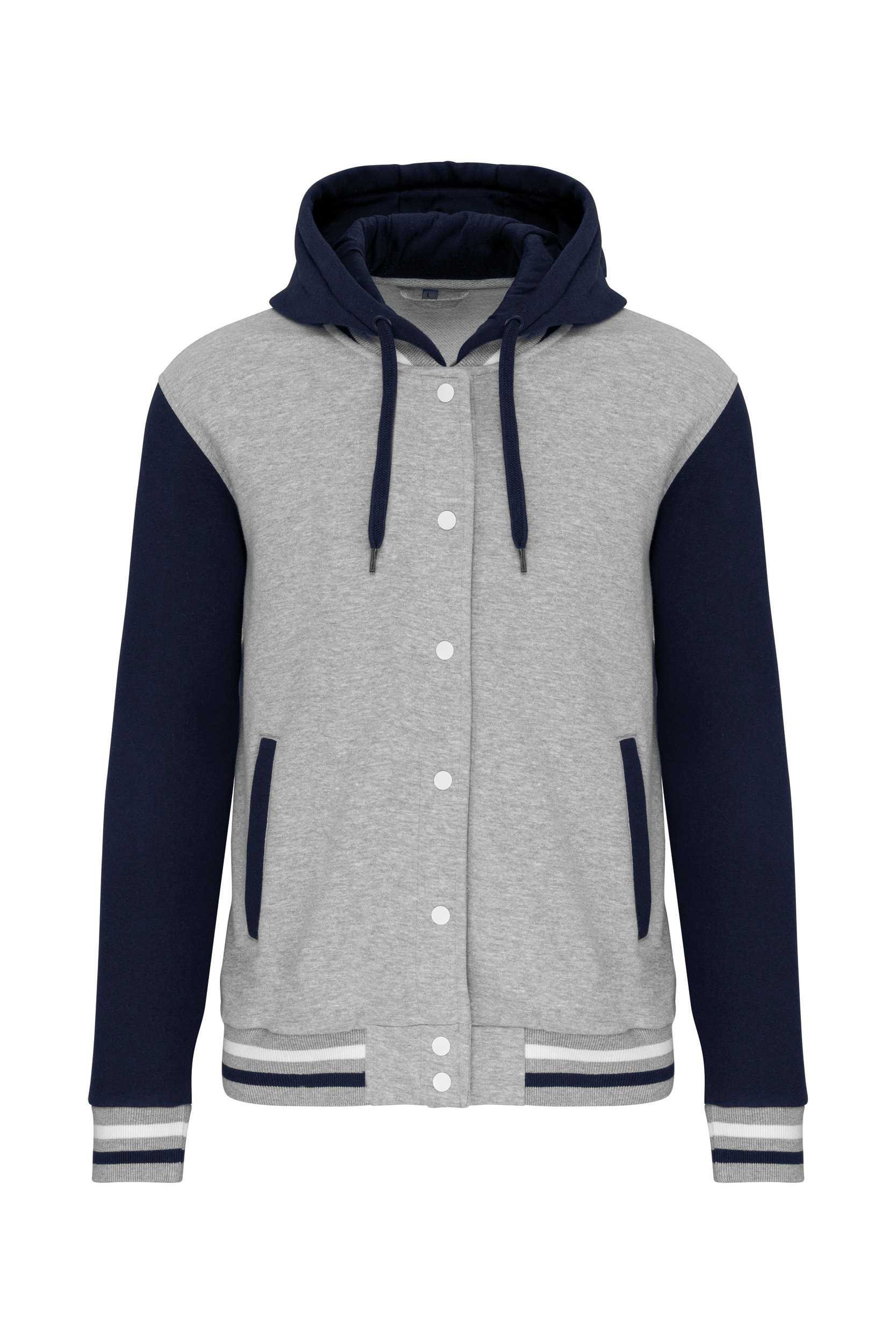 Cazadora Béisbolera con capucha unisex Oxford Grey / Navy / White