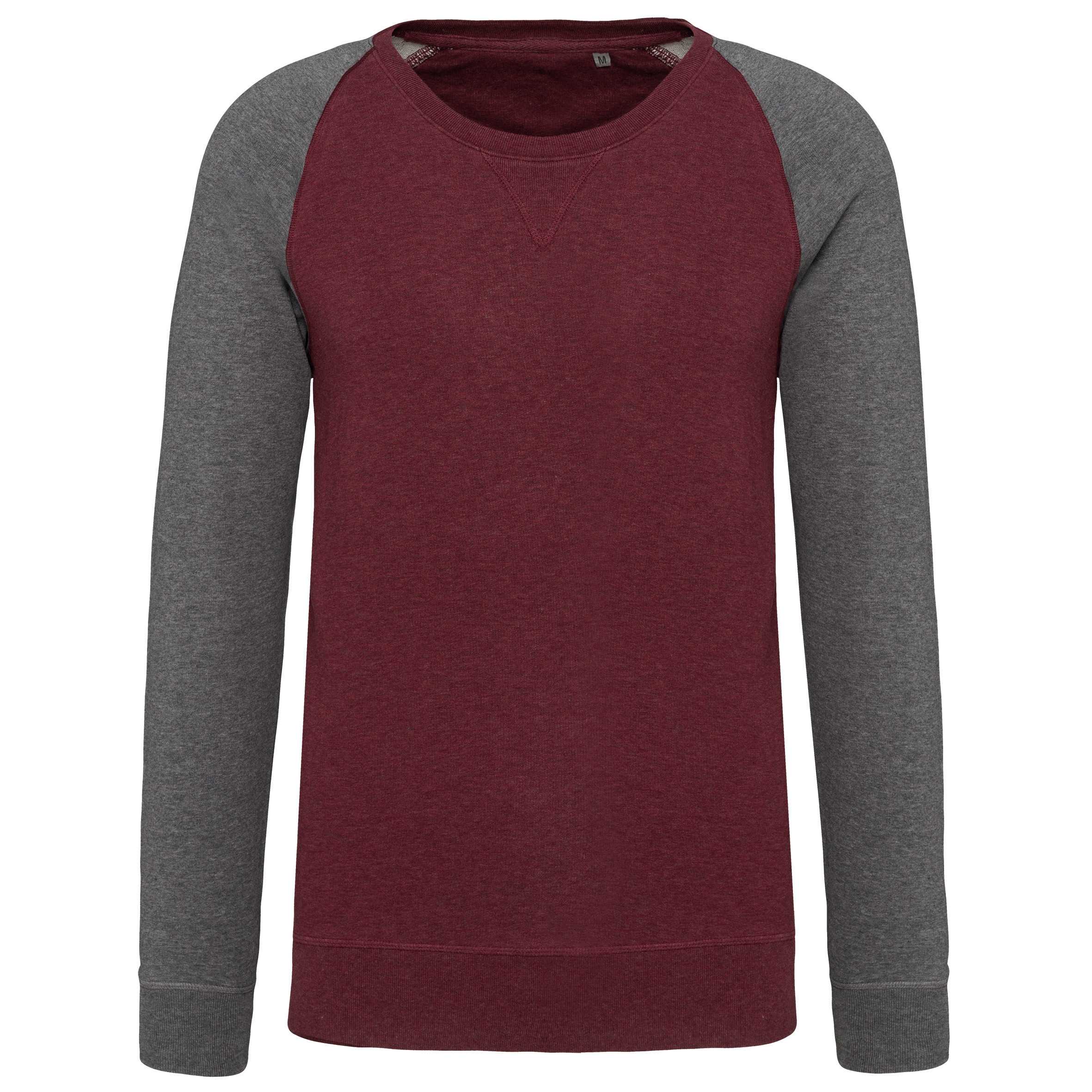 Sudadera bicolor algodón orgánico French Terry cuello redondo mangas raglan hombre Wine Heather / Grey Heather