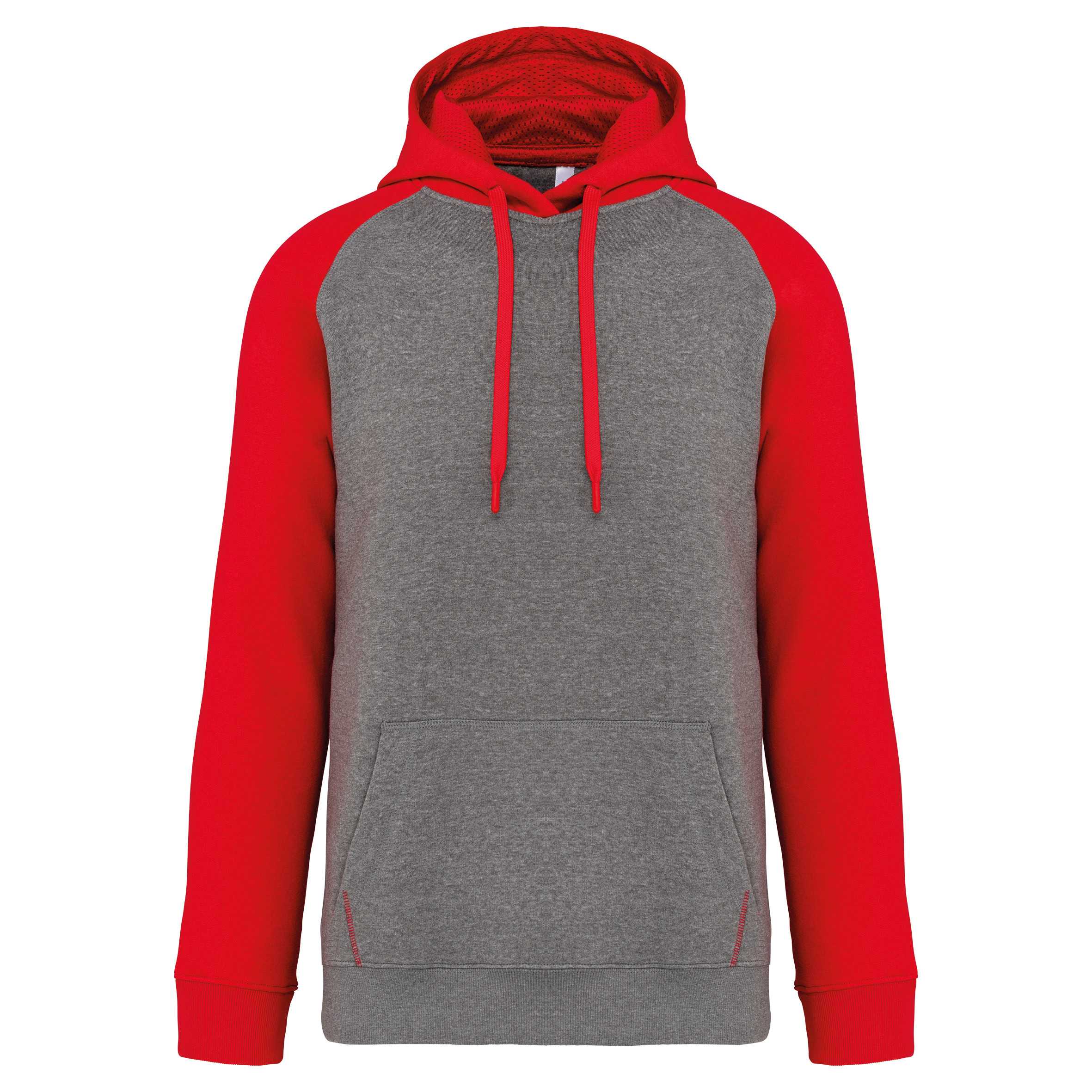 Sudadera bicolor con capucha adulto Grey Heather / Sporty Red